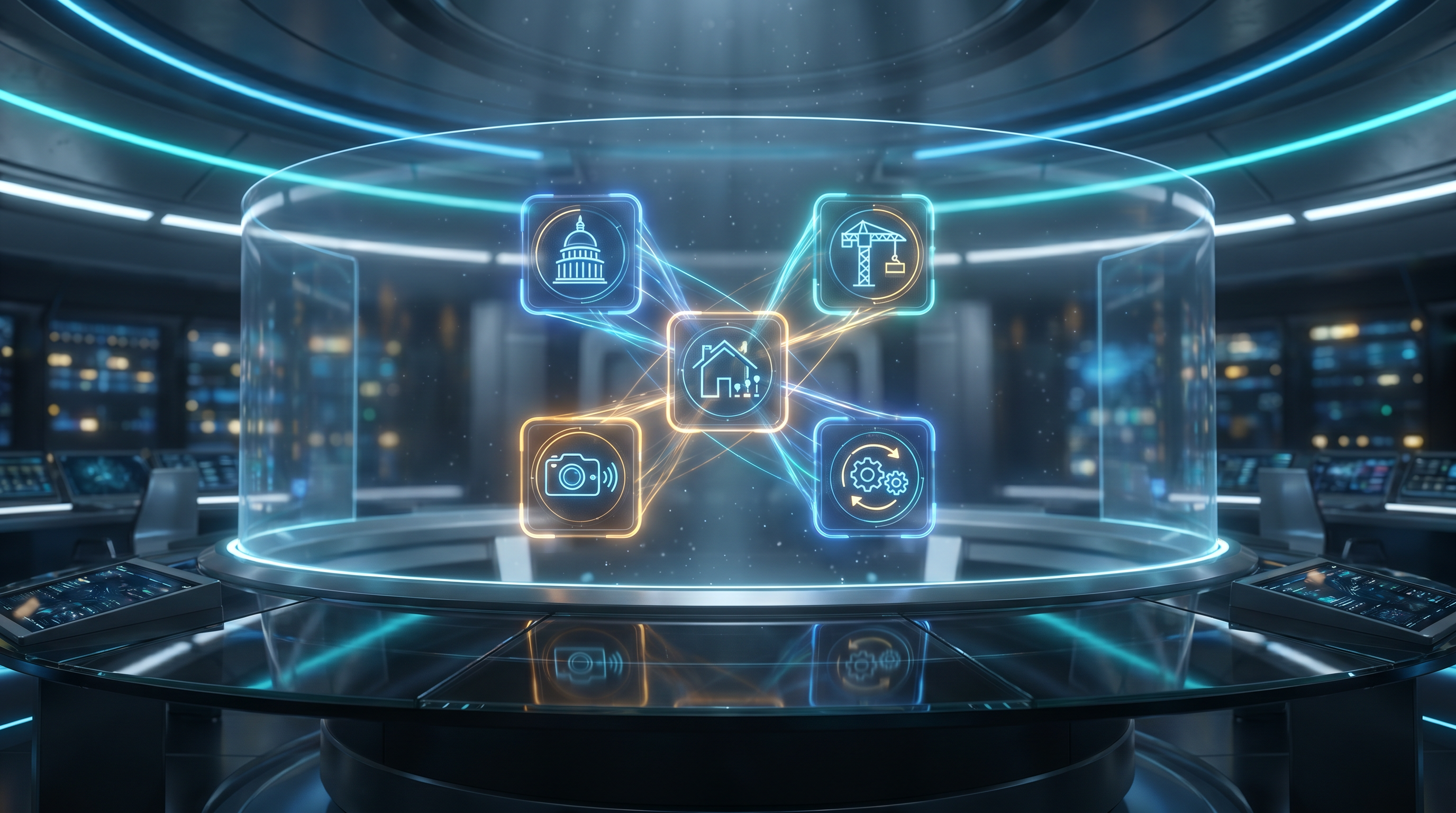 Agentalis Agentic AI Marketplace — luminous holographic command center visualizing 27+ domain-trained AI agents across five industry suites