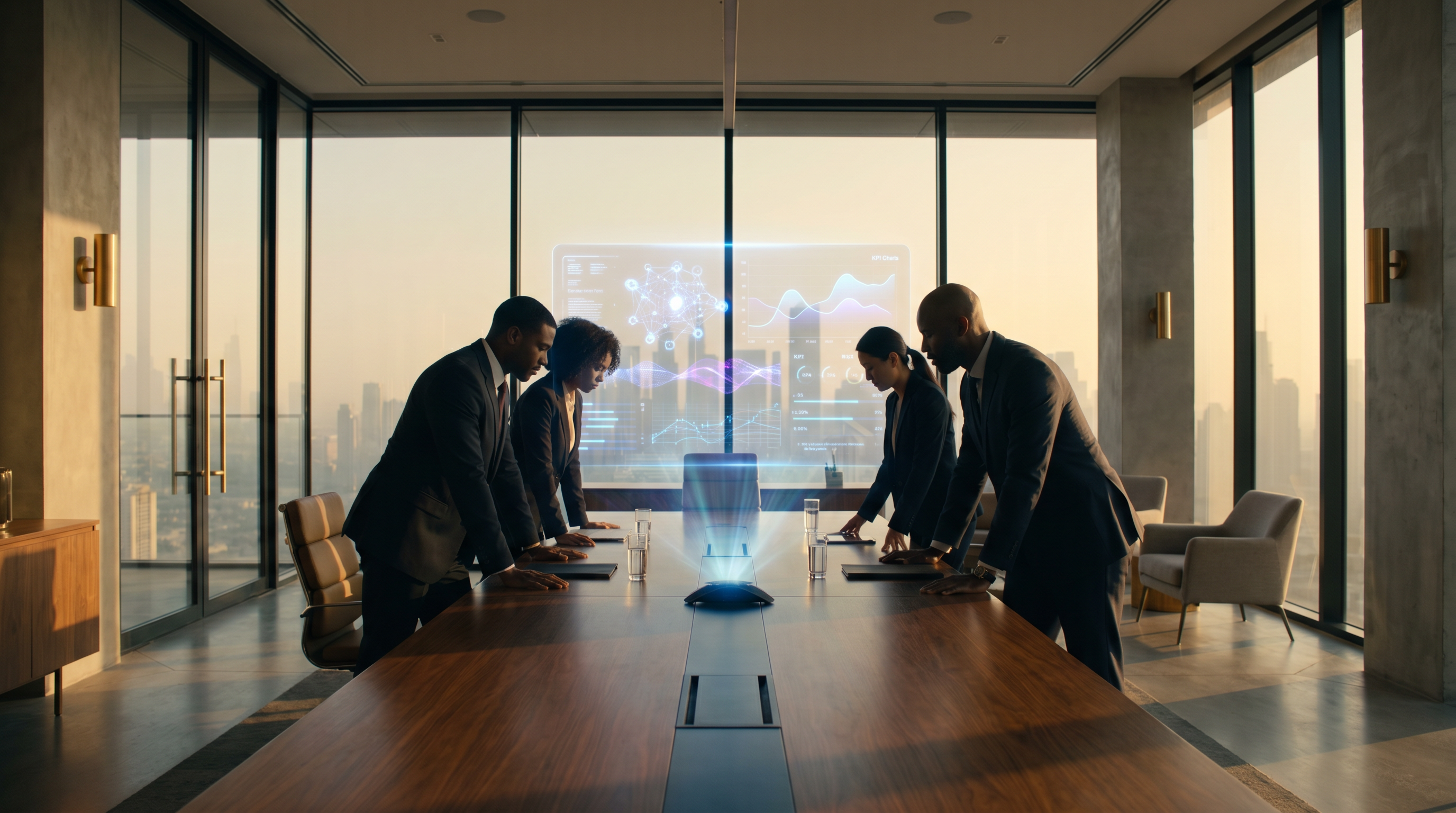 Executive Business Advisors consulting — leaders collaborating around an AI-augmented strategy display in a modern boardroom at golden hour