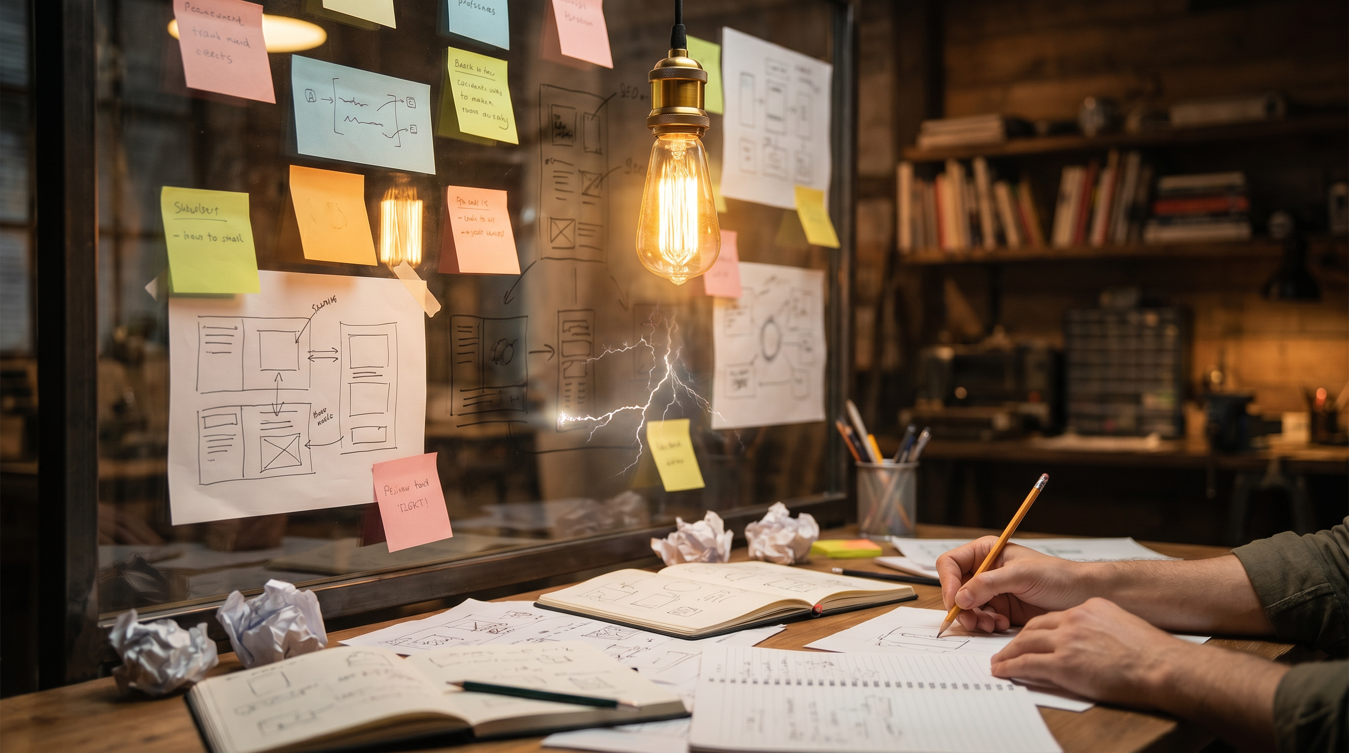 Glowing lightbulb above brainstorming sketches
