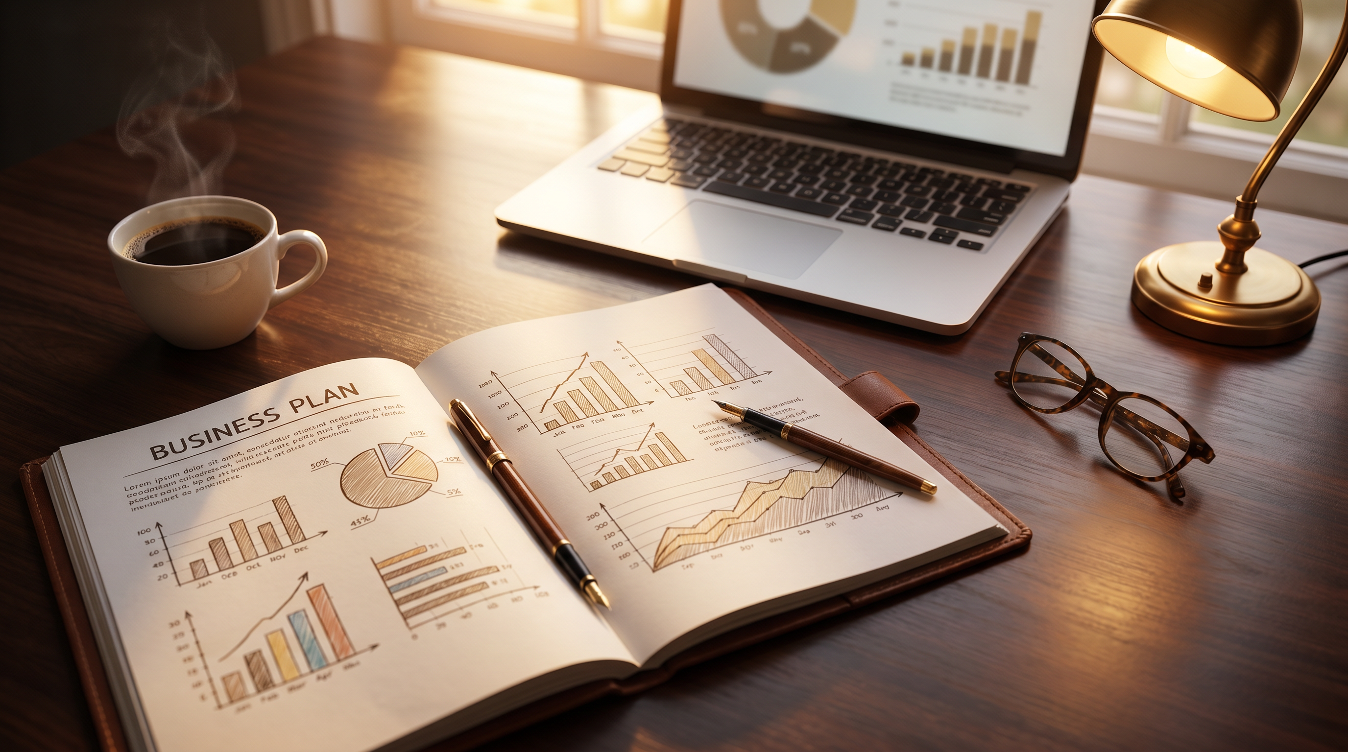 Business plan, charts, and pen on a desk