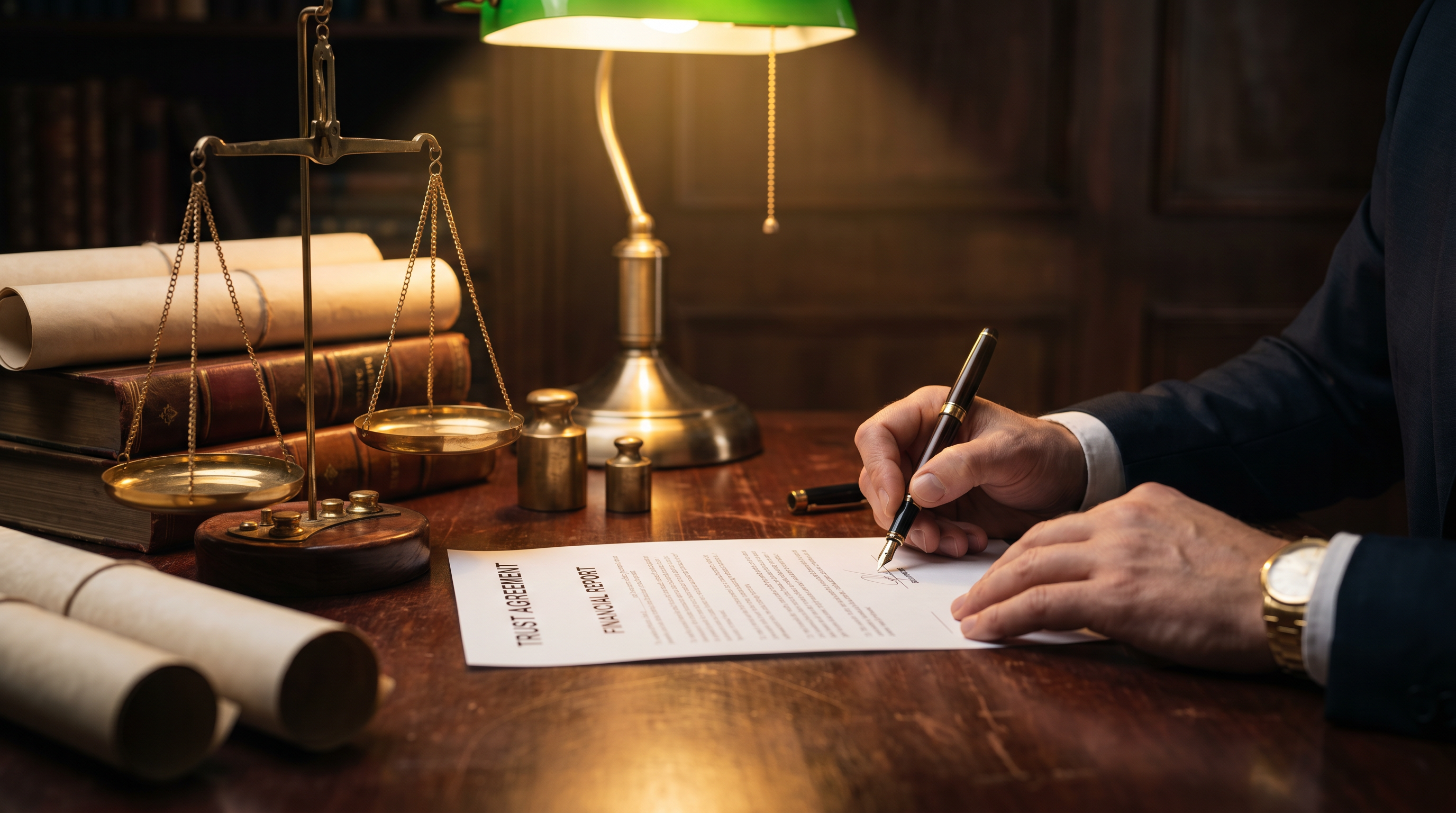 Scales of justice beside legal contracts