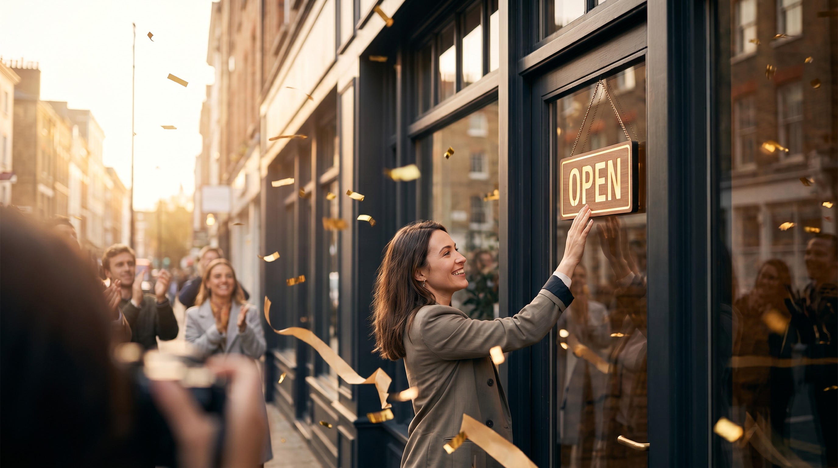 Grand opening of a storefront at dawn
