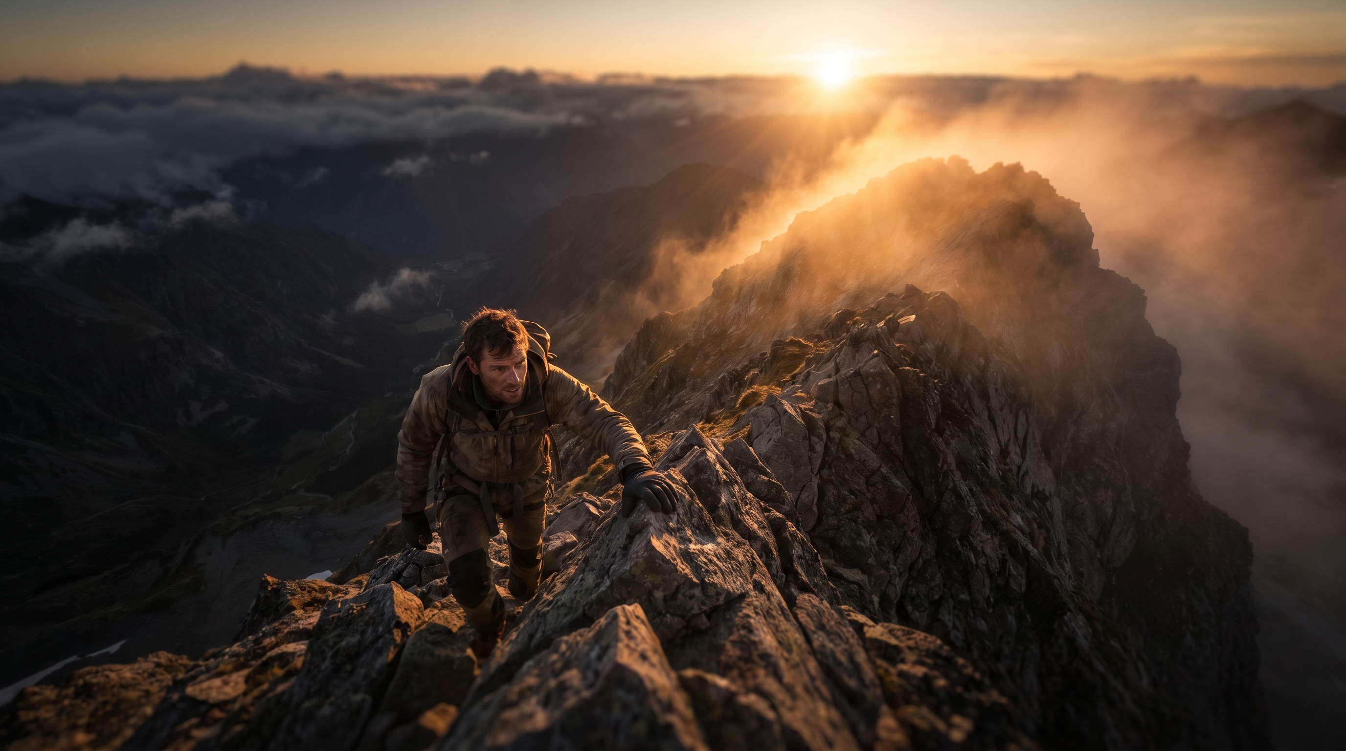 Climber ascending a mountain ridge at sunrise