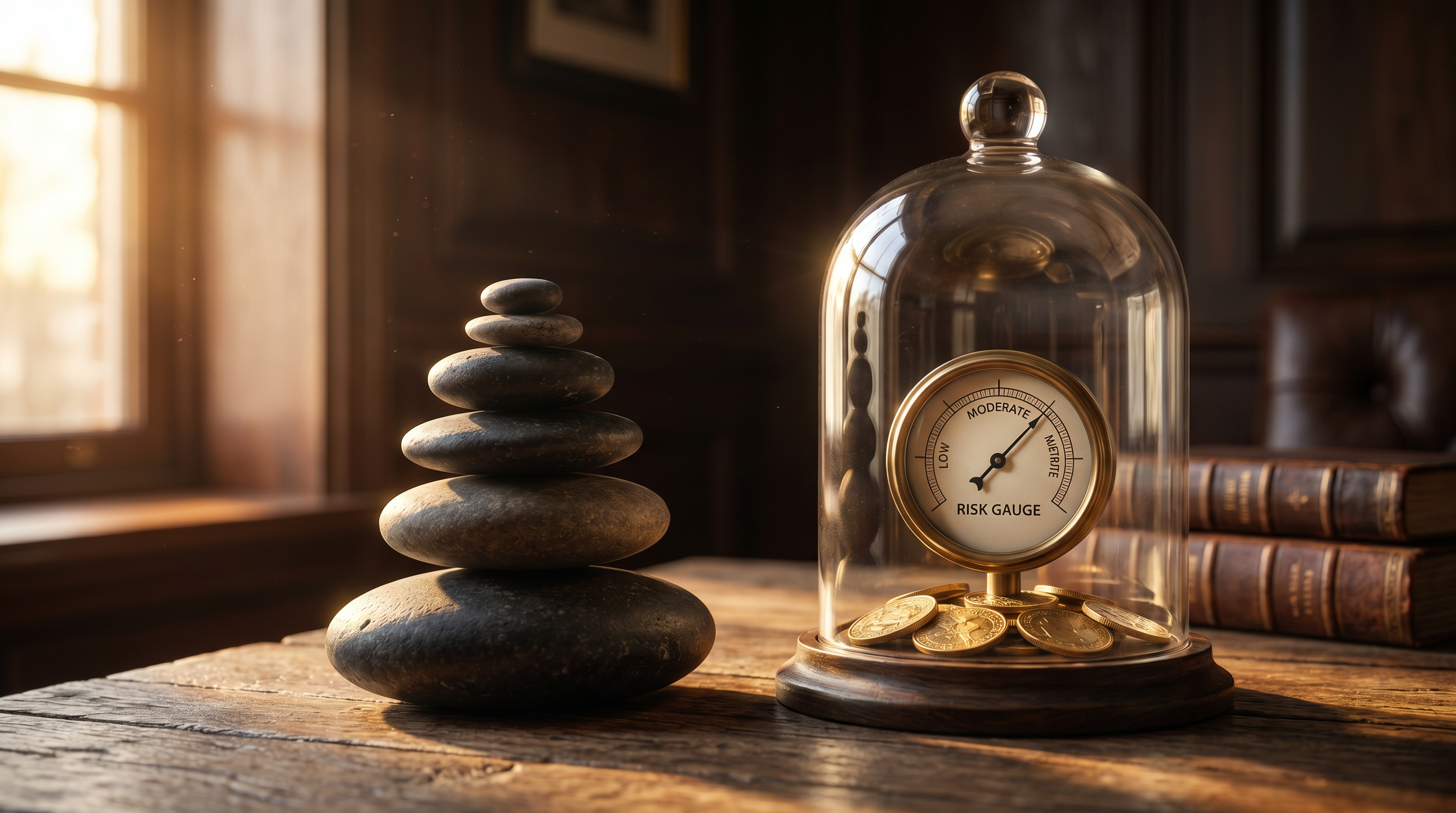 Protective dome shielding gold coins, risk gauge