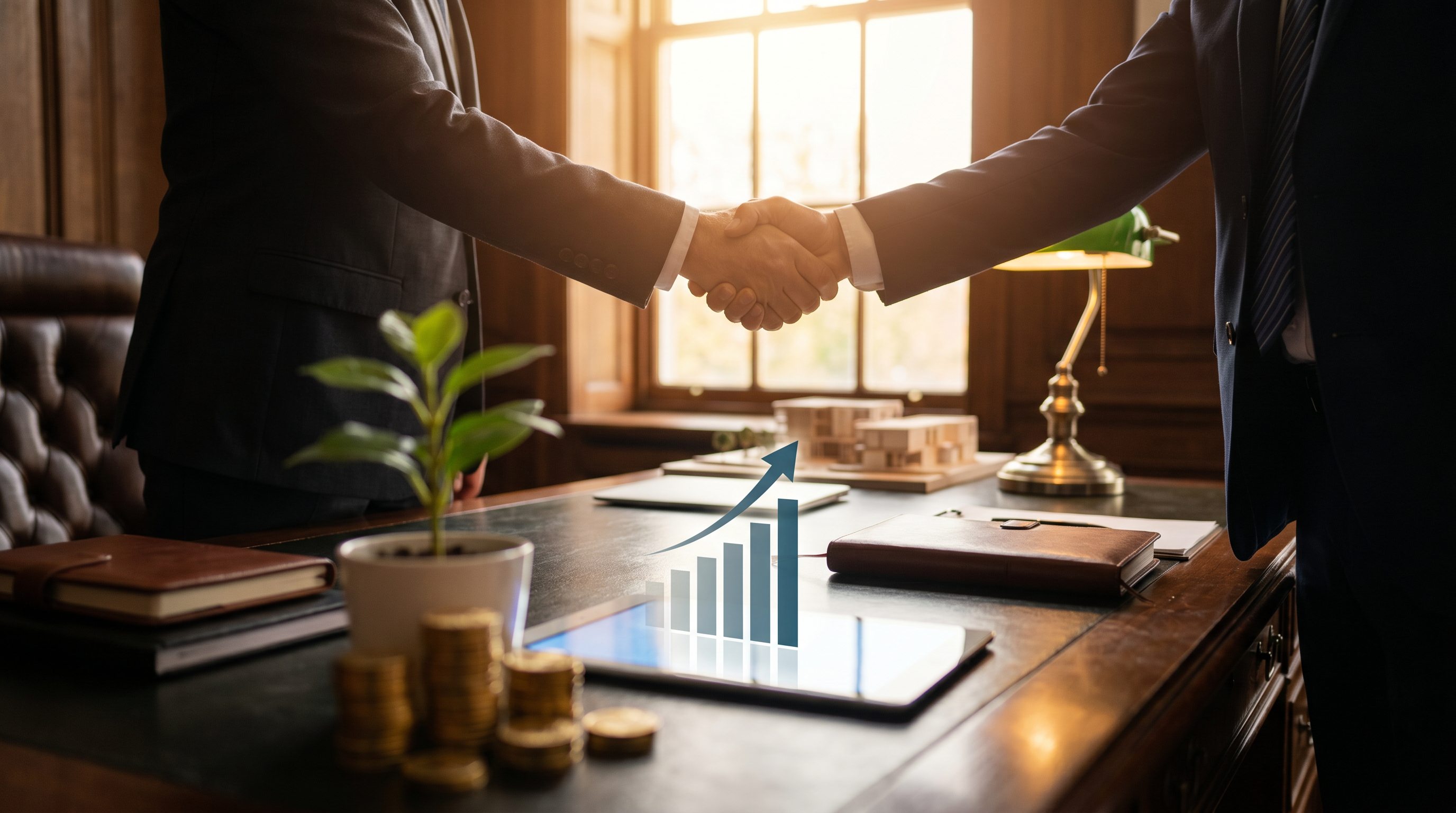 Investor handshake with rising growth chart