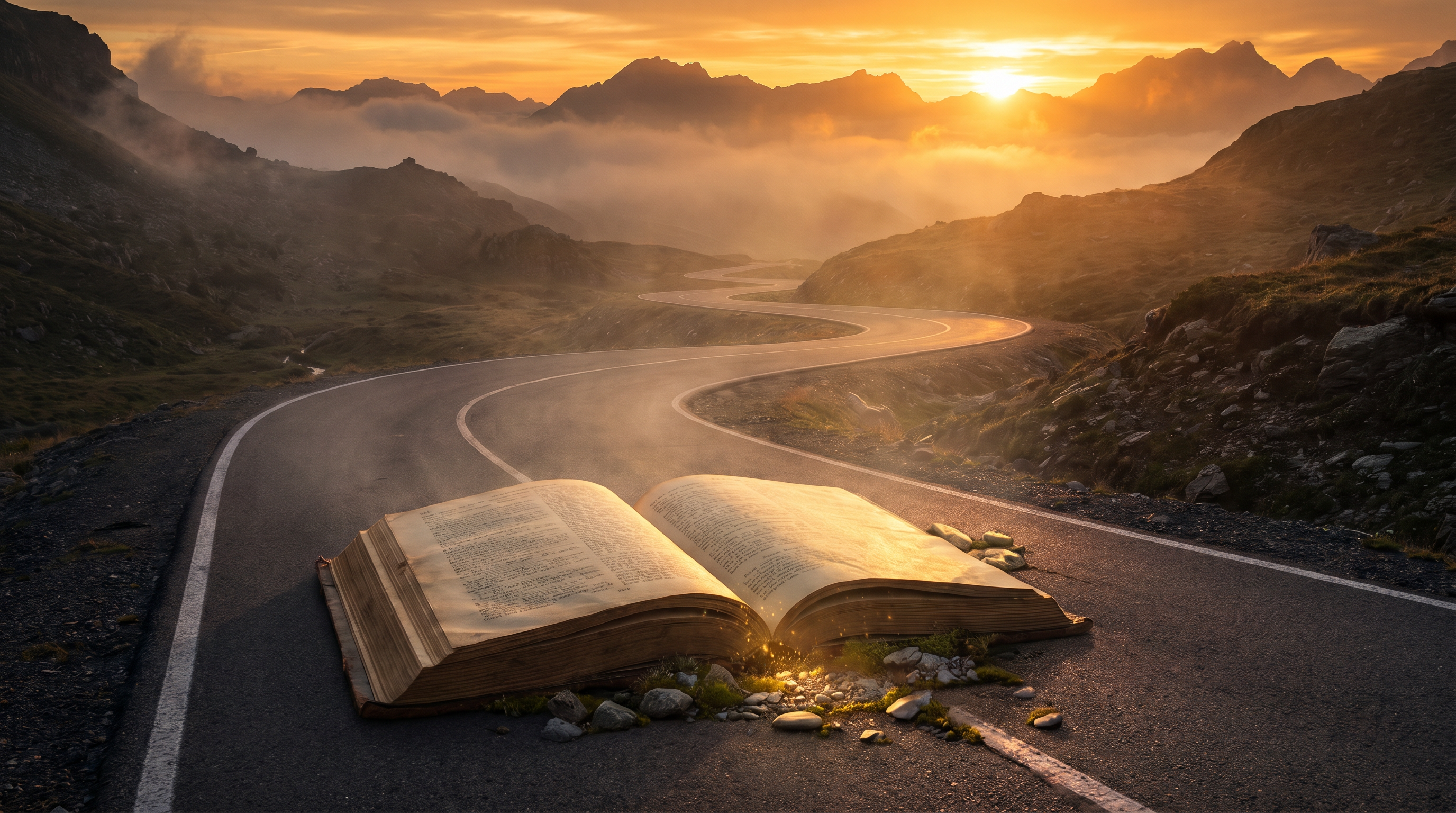Winding road toward a sunrise horizon